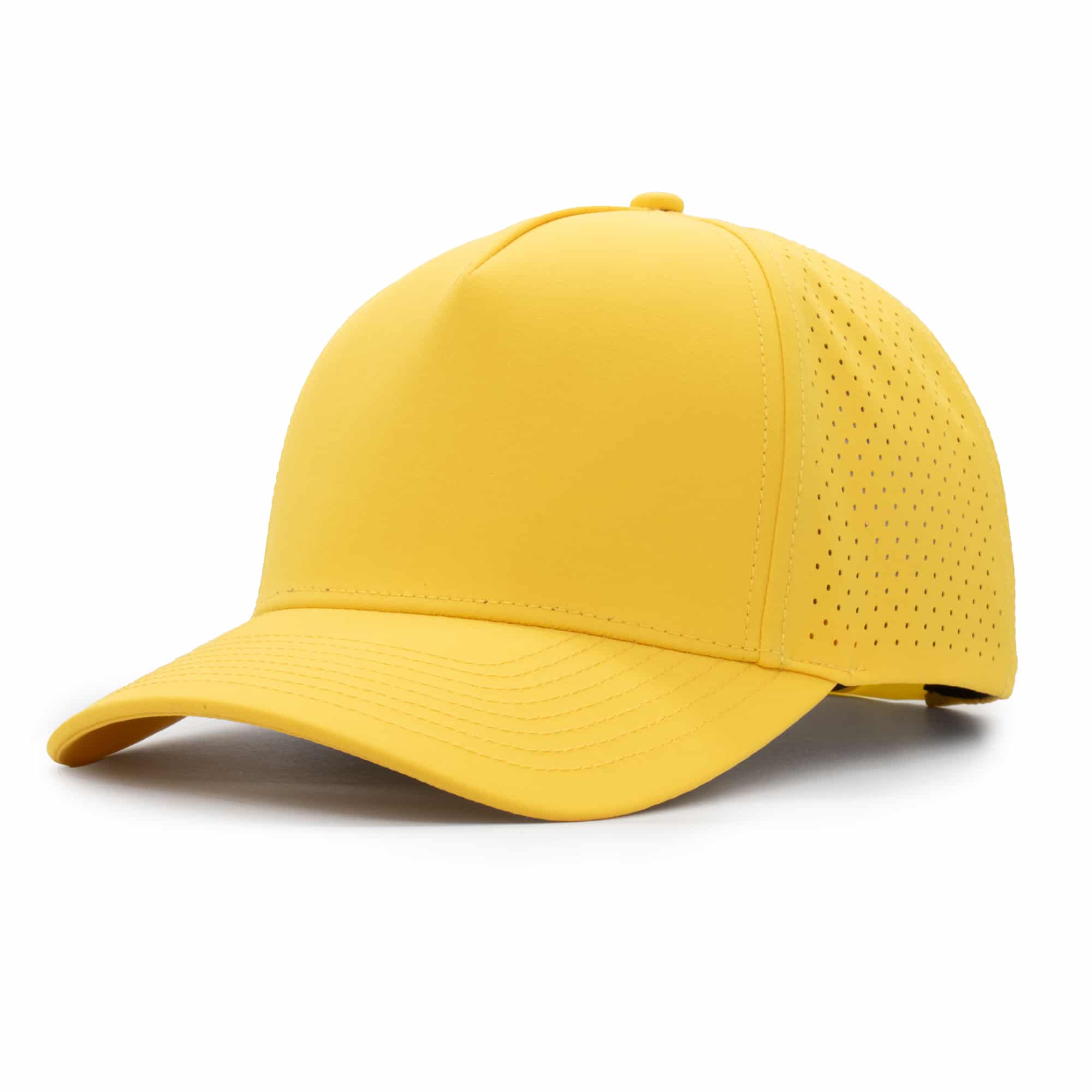 three-quarter view of a 5 panel, water resistant, floatable hat that is yellow in color.