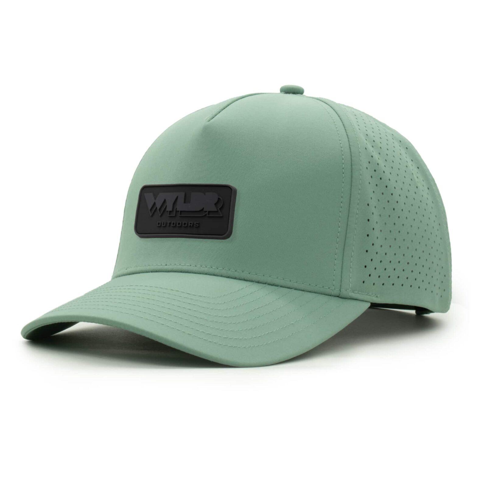 three-quarter view of a 5 panel, water resistant, floatable hat with a PVC patch. the patch is the brand name Wyldr contained in a rounded rectangle. the hat is light green.