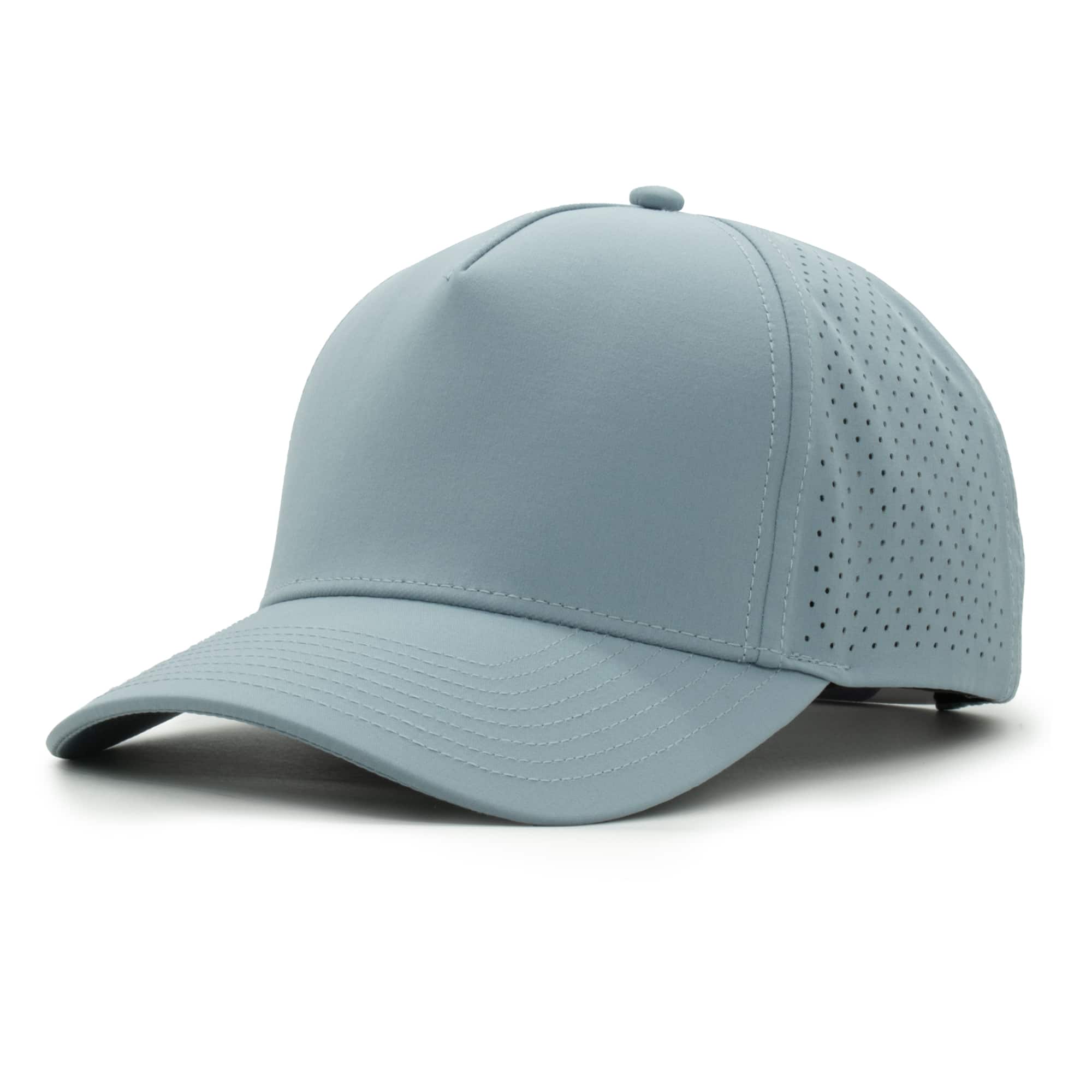 three-quarter view of a 5 panel, water resistant, floatable hat that is light blue in color.
