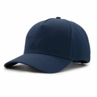 three-quarter view of a 5 panel, water resistant, floatable hat with a PVC patch. the patch is of the letter W from the brand name Wyldr. the hat is dark blue. the patch matches the hat color.