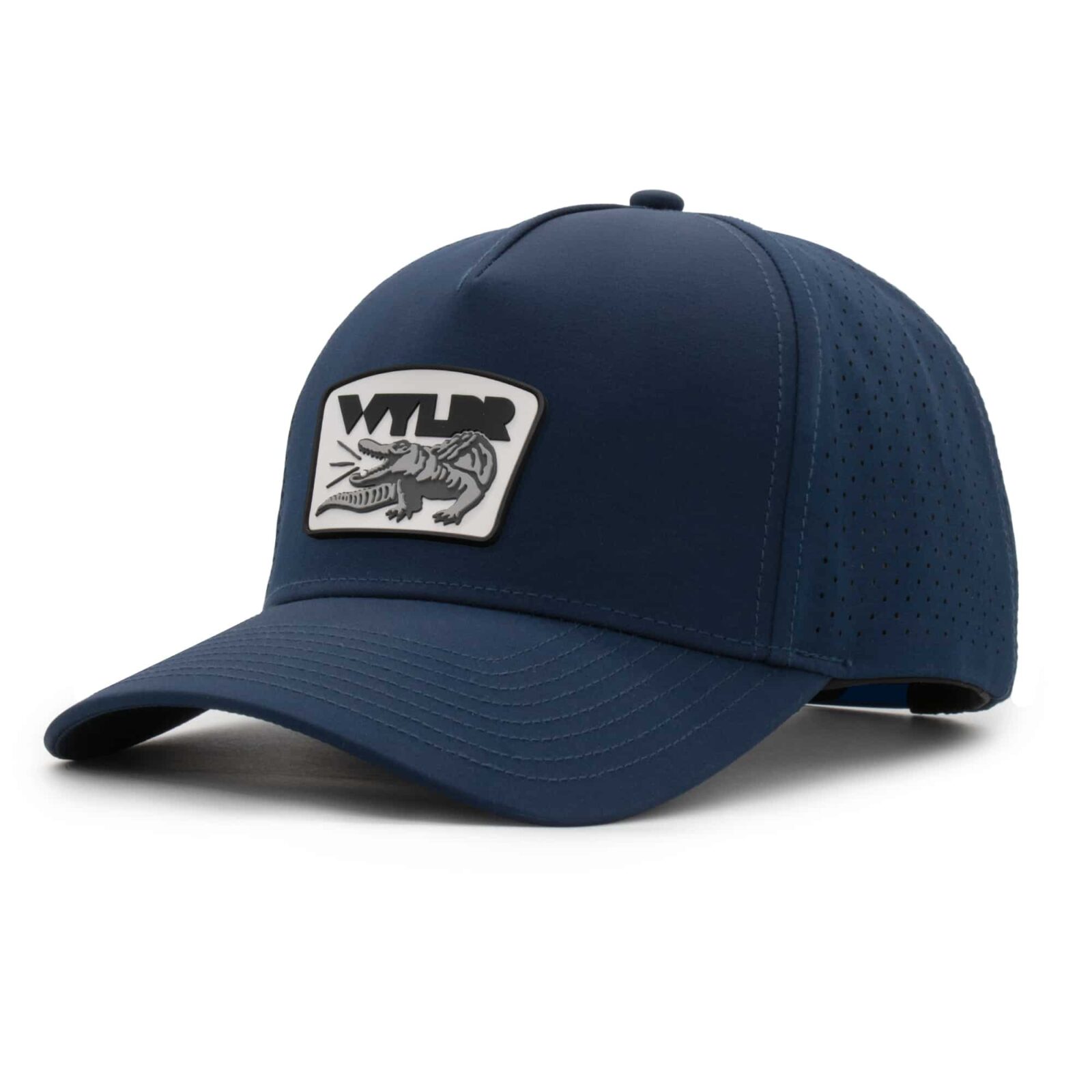 three-quarter view of a 5 panel, water resistant, floatable hat with a PVC patch. the patch is a gator catching a golf ball in its mouth and features the brand name, Wyldr. the hat is dark blue