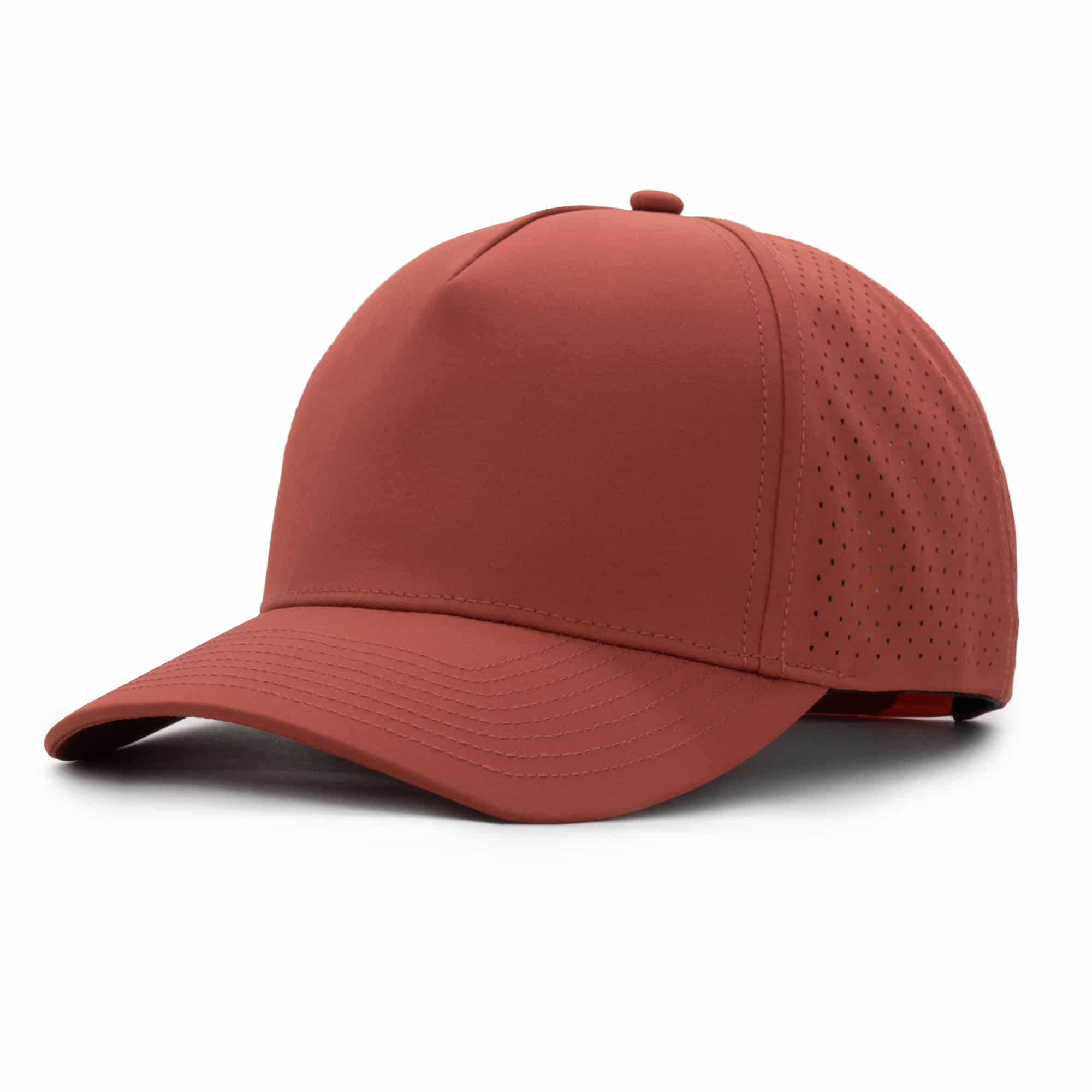 three-quarter view of a 5 panel, water resistant, floatable hat that is a rusty-orange color.