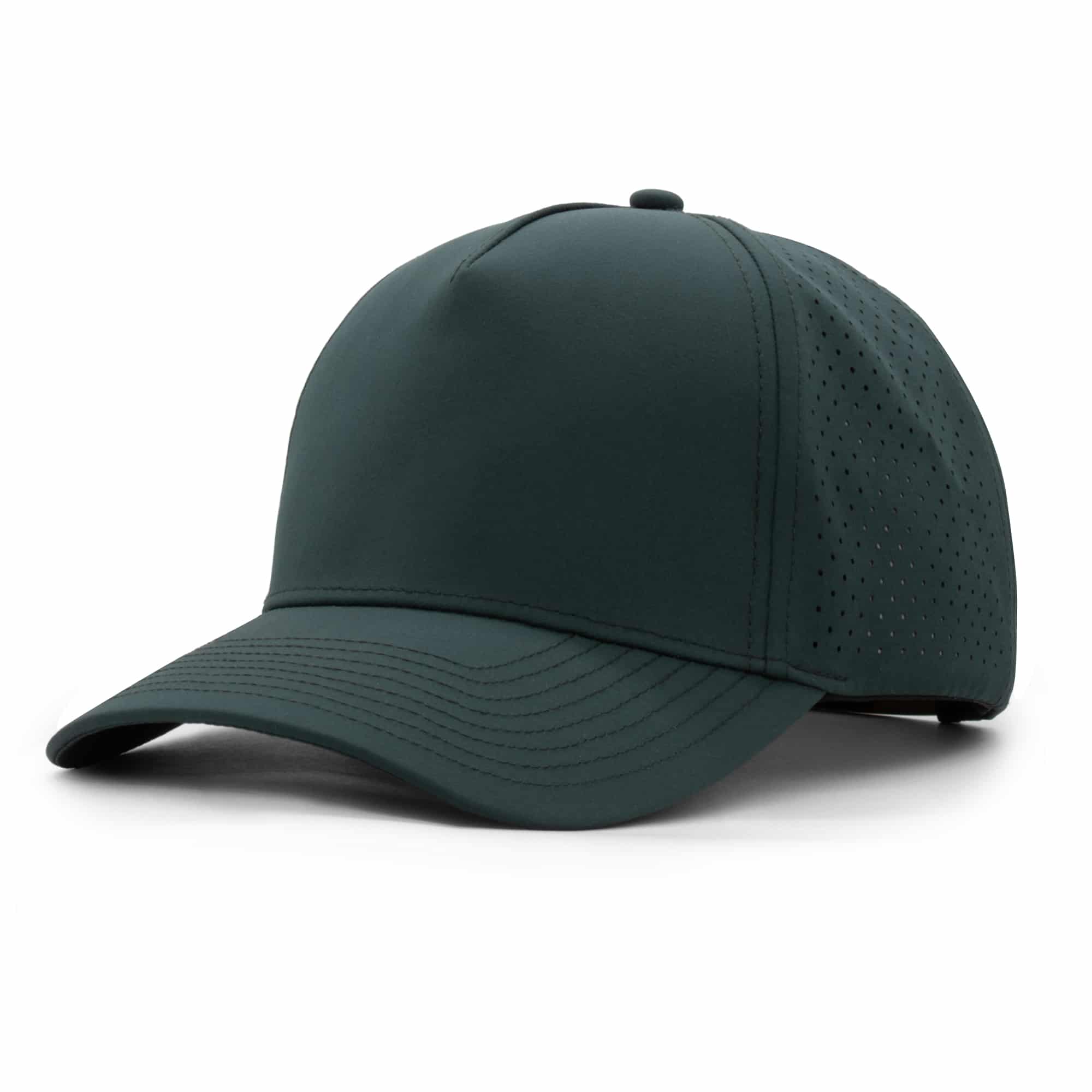 three-quarter view of a 5 panel, water resistant, floatable hat that is dark green in color.