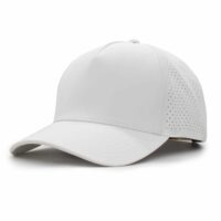 three-quarter view of a 5 panel, water resistant, floatable hat that is white in color.