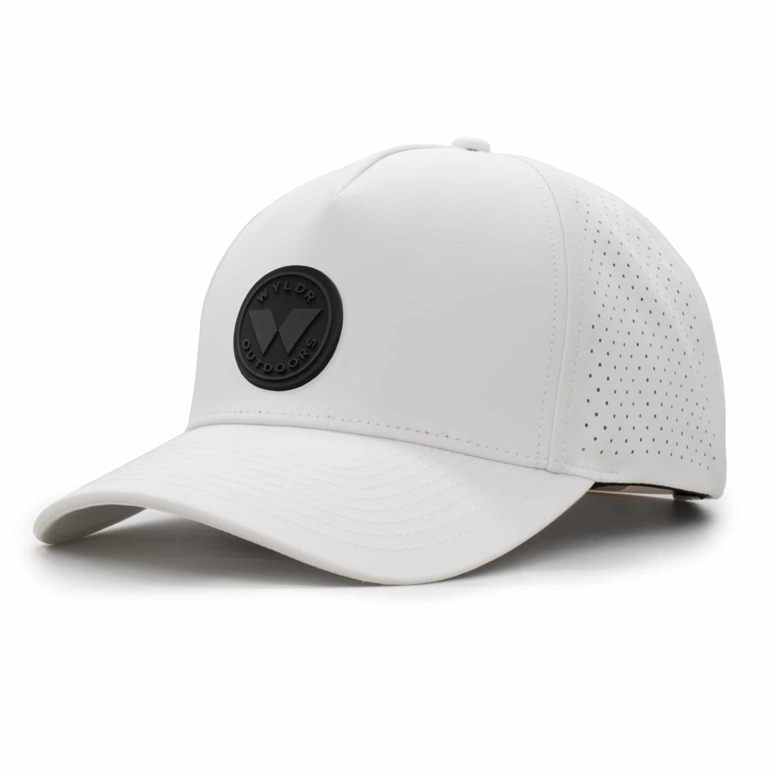 three-quarter view of a 5 panel, water resistant, floatable hat with a PVC patch. the patch is a round medallion featuring the letter W and the text Wyldr Outdoors. the hat is white
