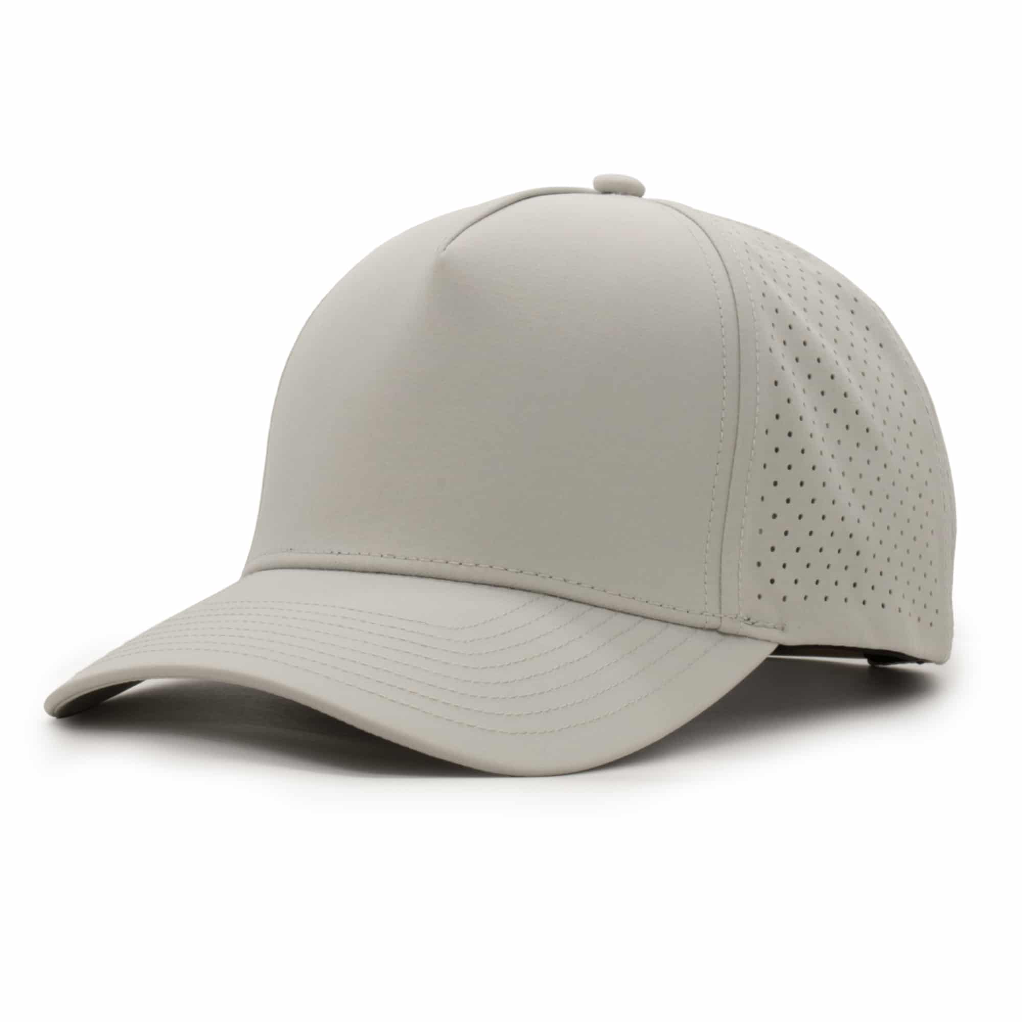 three-quarter view of a 5 panel, water resistant, floatable hat that is light tan in color.