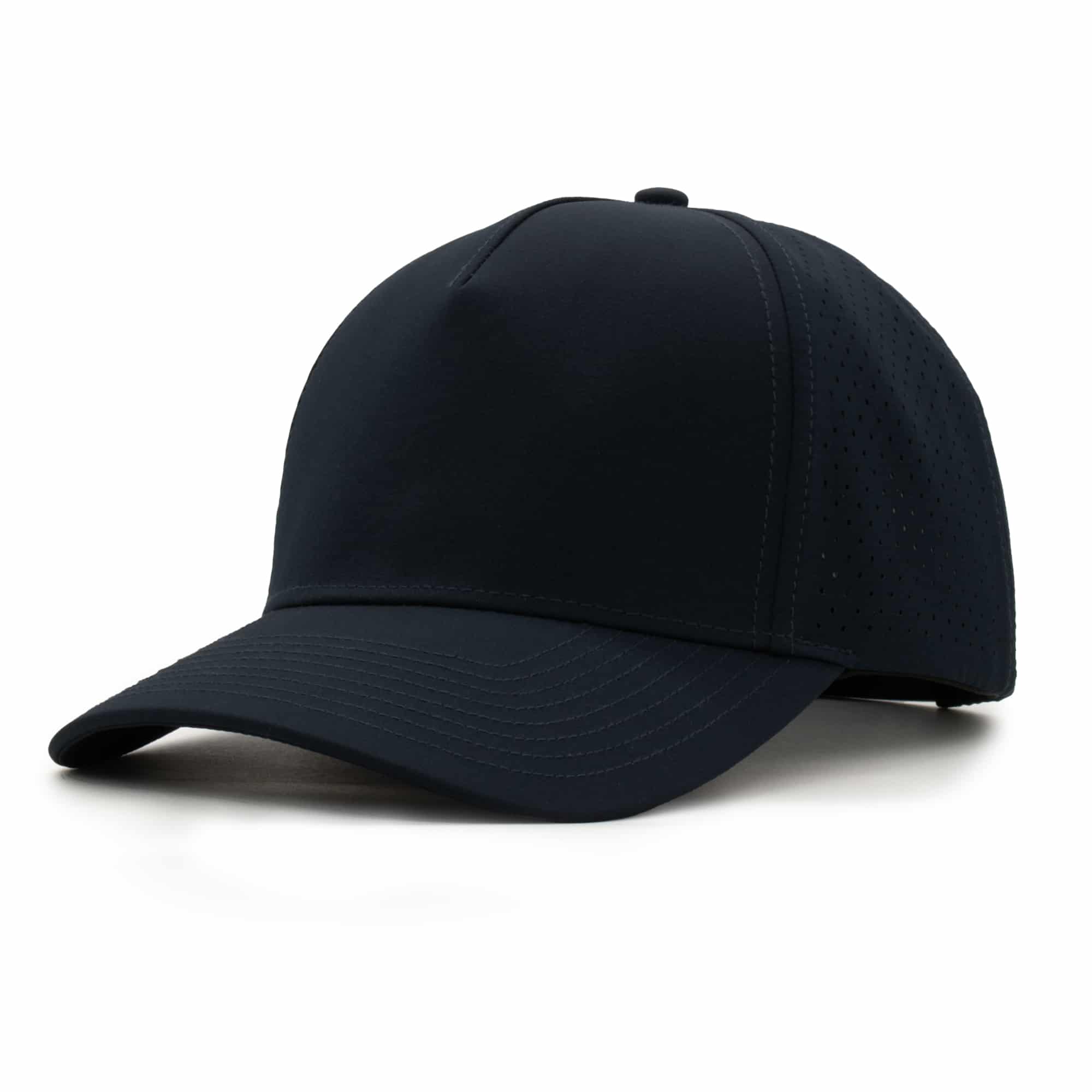 three-quarter view of a 5 panel, water resistant, floatable hat that is black in color.