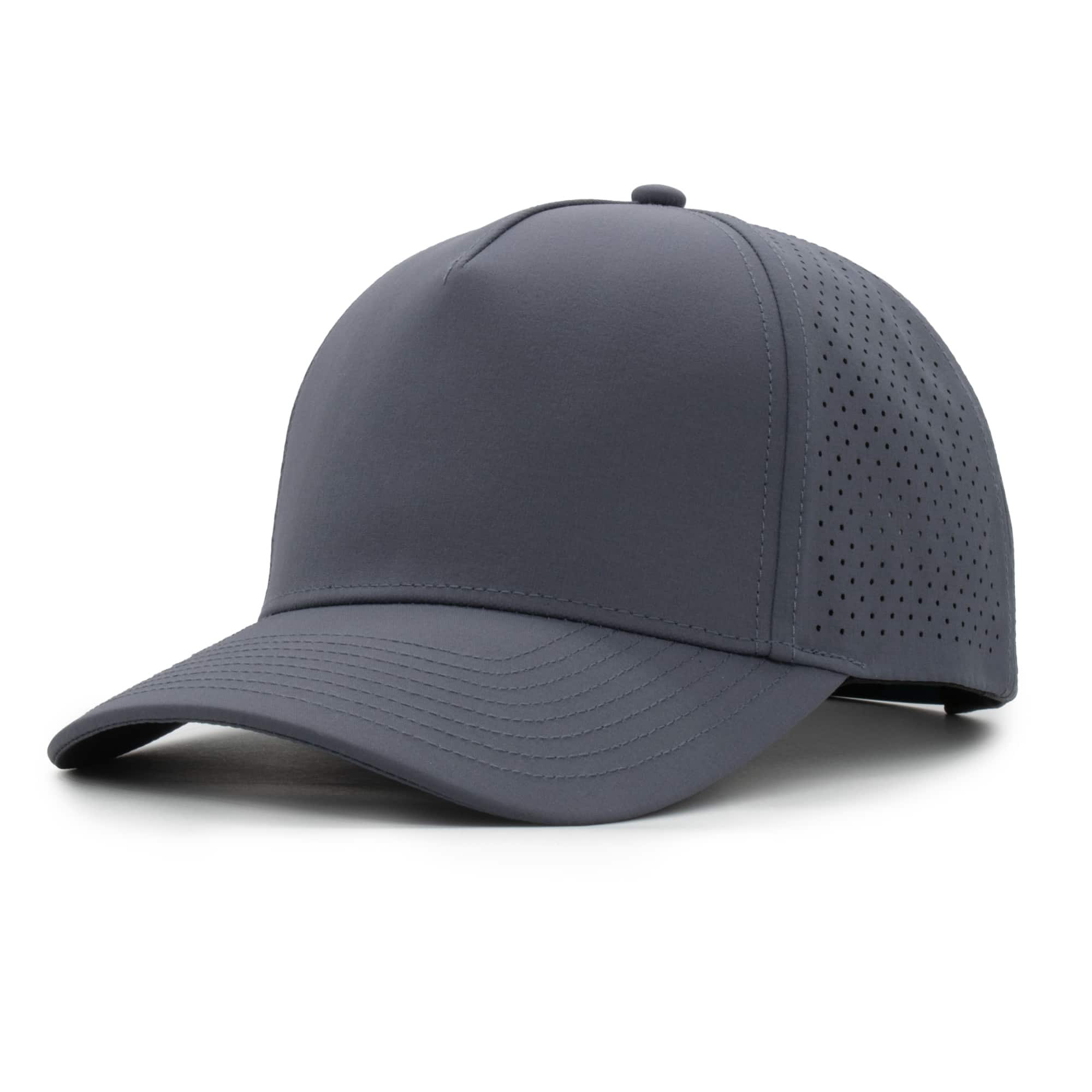 three-quarter view of a 5 panel, water resistant, floatable hat that is a dark blue-gray color.